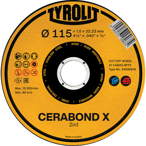 CA60Q-BFPX CERABOND X Cut-Off Wheel, 4-1/2" x 0.039", 7/8" Arbor, Type 1 Auto-Cam