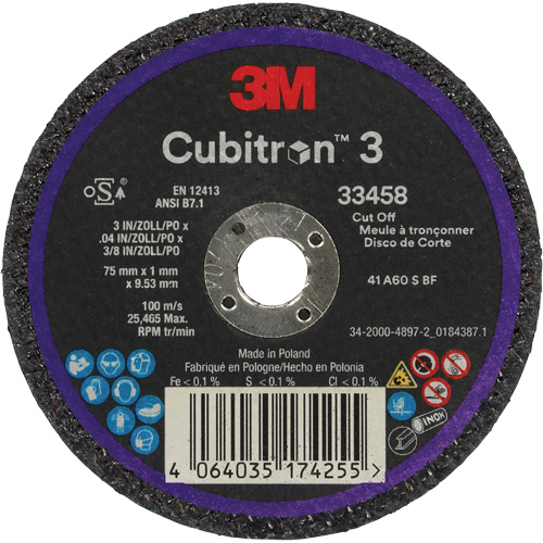 Cubitron 3 Cut-Off Wheel, 3" x 0.039", 3/8" Arbor, Ceramic Auto-Cam