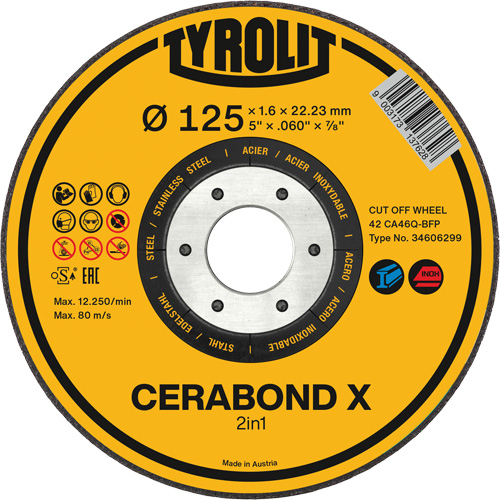CERABOND X Cut-Off Wheel for Steel & Stainless Steel, 5" x 0.45", 7/8" Arbor, Type 1, Ceramic, 12250 RPM Auto-Cam