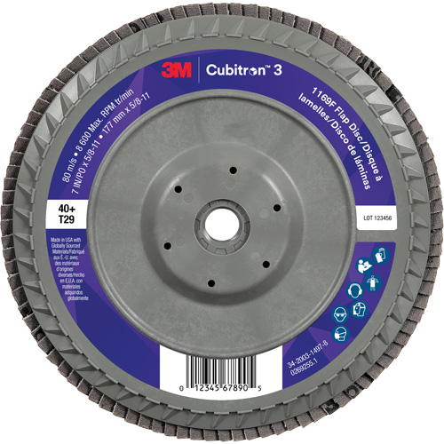 Cubitron 3 Conical  Flap Disc with Quick Change 1169F, 7" x 5/8"-11, Type T29, 40+ Grit, Ceramic Auto-Cam