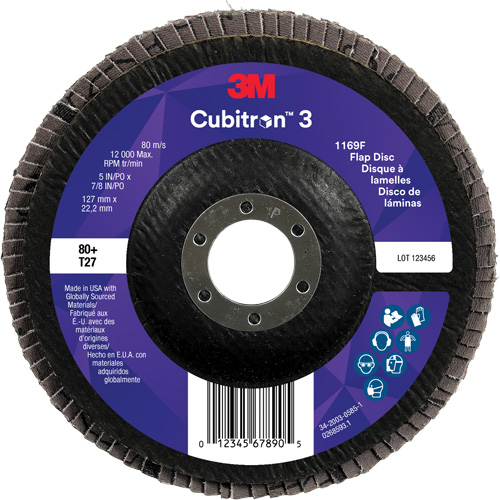 Cubitron 3 Flat Flap Disc 1169F, 5" x 7/8", Type T27, 80+ Grit, Ceramic Auto-Cam