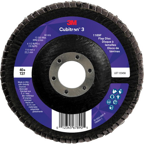 Cubitron 3 Flat Flap Disc 1169F, 4-1/2" x 7/8", Type T27, 40+ Grit, Ceramic Auto-Cam