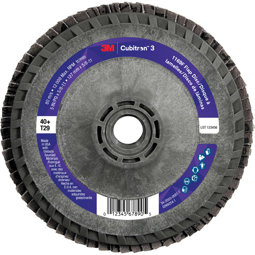 Cubitron 3 Conical  Flap Disc with Quick Change 1169F, 5" x 5/8"-11, Type T29, 40+ Grit, Ceramic Auto-Cam