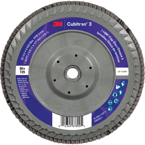 Cubitron 3 Conical  Flap Disc with Quick Change 1169F, 7" x 5/8"-11, Type T29, 80+ Grit, Ceramic Auto-Cam