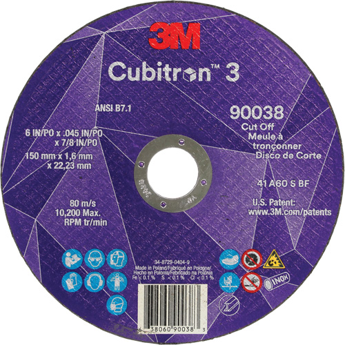 Cubitron 60+ Grit 3 Cut-Off Wheel, 6" x 0.045", 7/8" Arbor, Type T1, Ceramic, 10200 RPM Auto-Cam