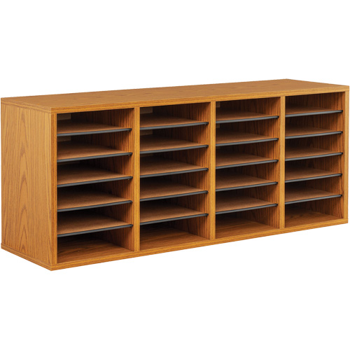 Adjustable Compartment Literature Organizer, Stationary, 24 Slots, Wood, 39-1/4" W x 11-3/4" D x 16-1/4" H Auto-Cam