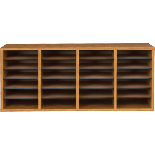 Adjustable Compartment Literature Organizer, Stationary, 24 Slots, Wood, 39-1/4" W x 11-3/4" D x 16-1/4" H Auto-Cam
