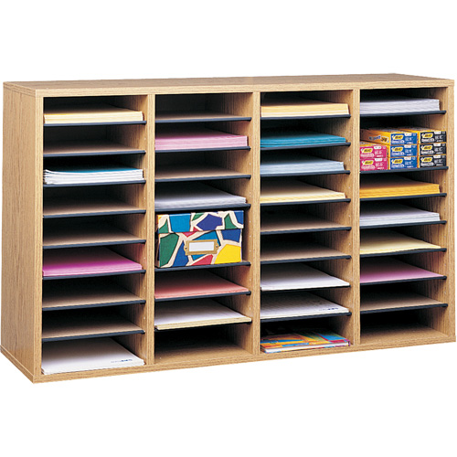 Adjustable Compartment Literature Organizer, Stationary, 36 Slots, Wood, 39-1/4" W x 11-3/4" D x 24" H Auto-Cam