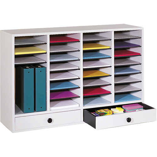 Adjustable Compartment Literature Organizer, Stationary, 34 Slots, Wood, 39-1/4" W x 11-3/4" D x 25-1/4" H Auto-Cam