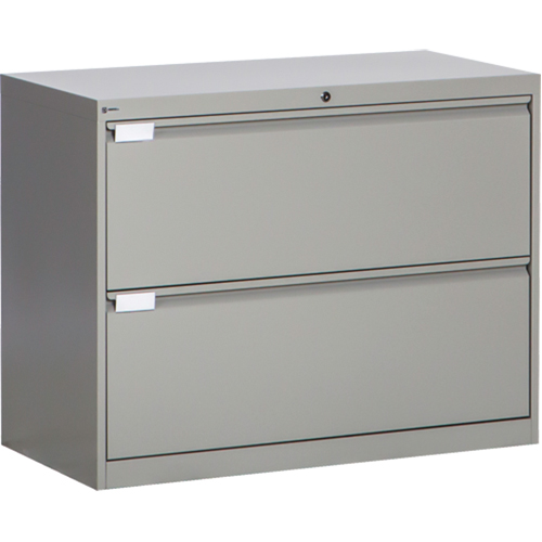 Lateral Filing Cabinet, Steel, 2 Drawers, 36" W x 18" D x 27-7/8" H, Grey Auto-Cam
