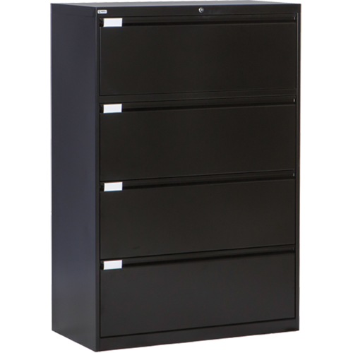 Lateral Filing Cabinet, Steel, 4 Drawers, 36" W x 18" D x 53-3/8" H, Black Auto-Cam