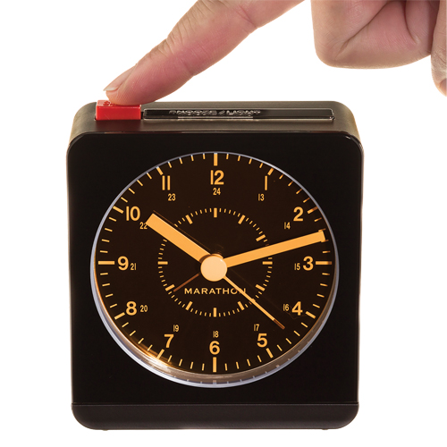 Desk Alarm Clock, Analog, Battery Operated, 3.5" W x 1.5" D x 3.75" H, Black Auto-Cam