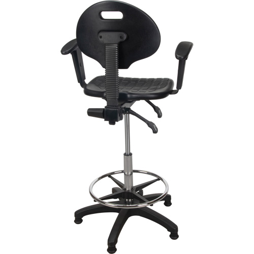 Heavy-Duty Ergonomic Stool with Adjustable Arm Rests, Stationary, Adjustable, 39" - 48", Polyurethane Seat, Black Auto-Cam