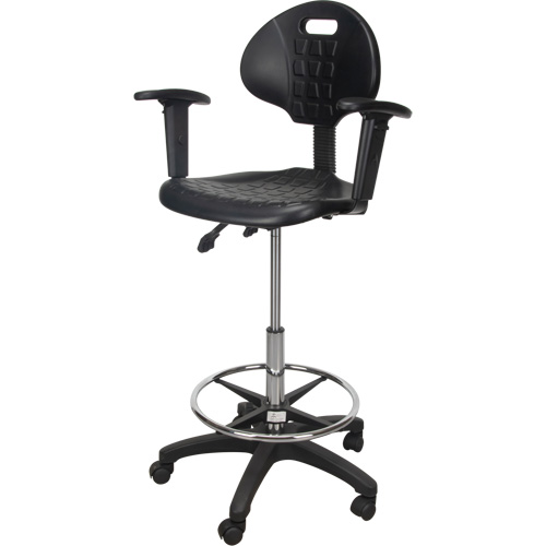 Heavy-Duty Ergonomic Stool with Adjustable Arm Rests & Nylon Stem Casters, Mobile, Adjustable, 39" - 48", Polyurethane Seat, Black Auto-Cam