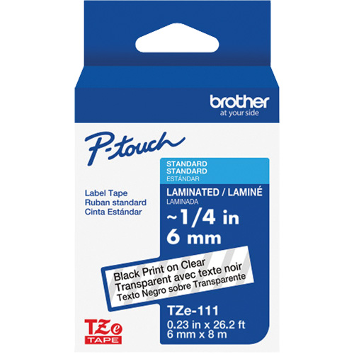 Ruban lamin&eacute; TZe-111 pour &eacute;tiqueteuses P-Touch compatibles avec les rubans TZe, Noir sur transparent, Largeur de 0,23" Auto-Cam