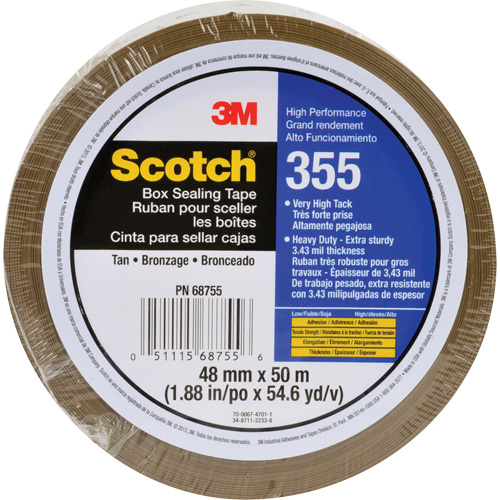 Scotch&reg; 355 Box Sealing Tape, Hot Melt Adhesive, 3.4 mils, 48 mm (1-22/25") x 50 m (164') Auto-Cam