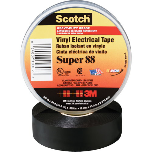 Rubans en vinyle Super 88 Scotch, 19 mm (3/4") x 20,1 m (66'), Noir, 8,5 mils Auto-Cam