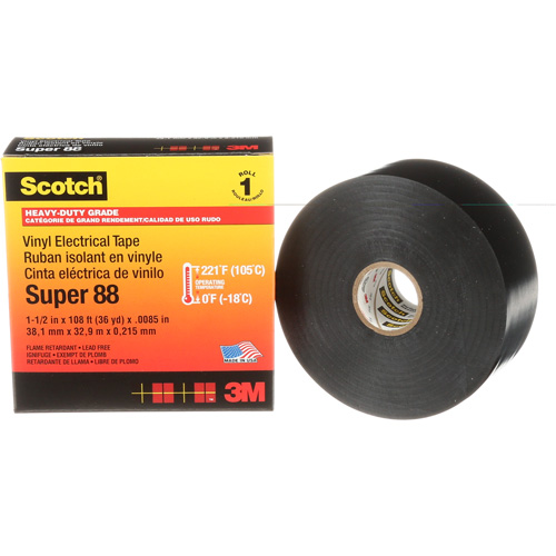 Ruban isolant en vinyle Super 88 Scotch, 38 mm (1-1/2") x 33 m (108'), Noir, 8,5 mils Auto-Cam