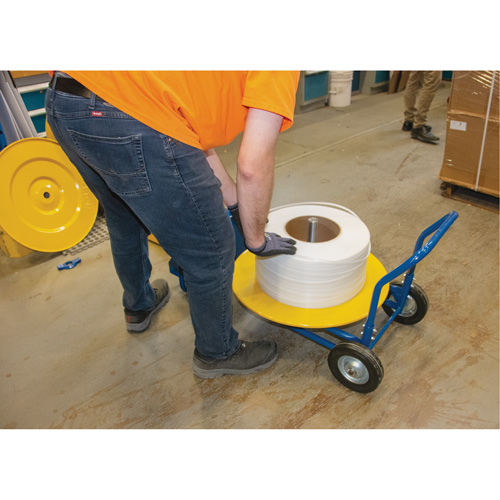 Strapping Dispenser, Polyester/Steel/Polypropylene Straps, 16"/8" Core Dia., 3"/8"/6" Roll Width Auto-Cam
