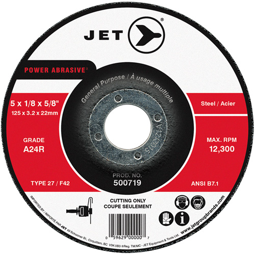 Power Abrasive Cut-Off Wheel, 5" x 1/8", 7/8" Arbor, Type 27, 12300 RPM Auto-Cam
