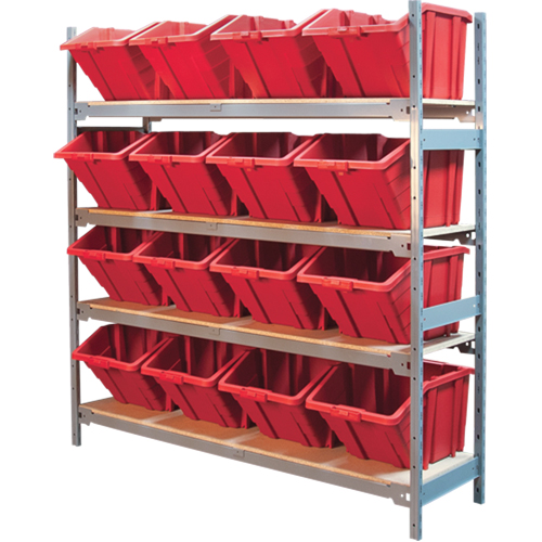 Wide Span Shelving with Jumbo Plastic Bins, Steel, Boltless, 800 lbs. Capacity, 66" W x 72" H x 18" D Auto-Cam