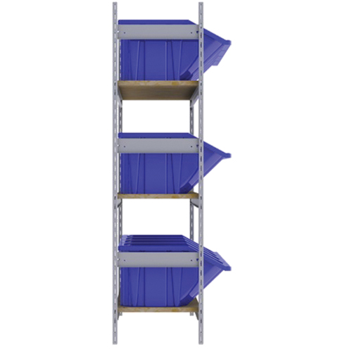 Wide Span Shelving with Jumbo Plastic Bins, Steel, Boltless, 800 lbs. Capacity, 66" W x 60" H x 18" D Auto-Cam