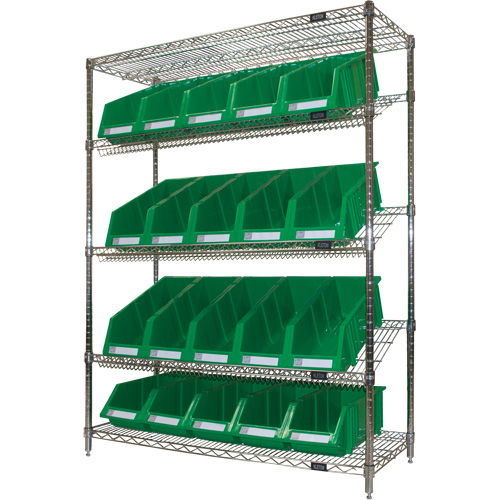 &eacute;tag&egrave;re en treillis m&eacute;tallique &agrave; tablettes inclin&eacute;es avec bacs, Tiers 5, 48" la x 63" h x 18" p Auto-Cam