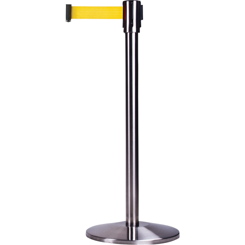 Barri&egrave;res sur pieds pour le contr&ocirc;le des foules, Acier, 35" h, Ruban Jaune, Longueur du ruban 12' Auto-Cam