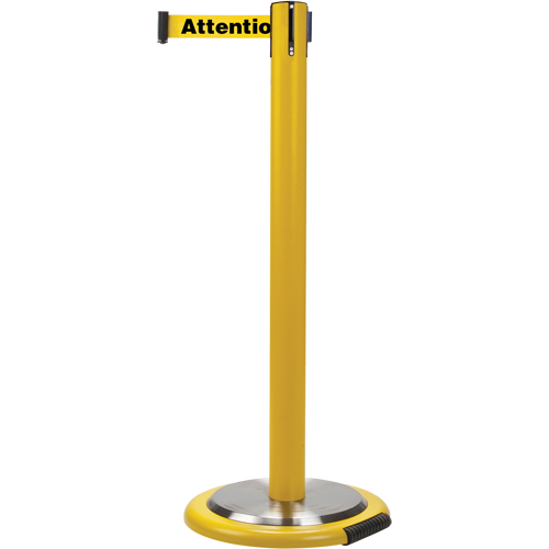 Free-Standing Crowd Control Barrier, Steel, 35" H, Yellow Tape, 7' Tape Length Auto-Cam