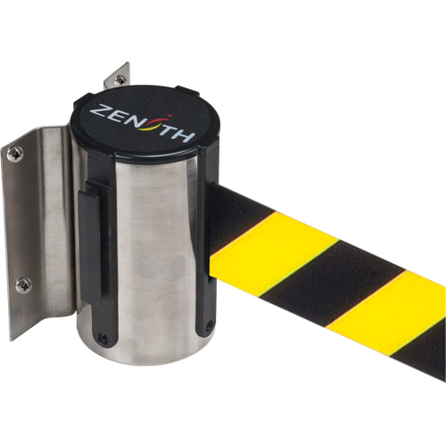 Wall Mount Barrier, Steel, Screw Mount, 7', Black/Yellow Tape Auto-Cam