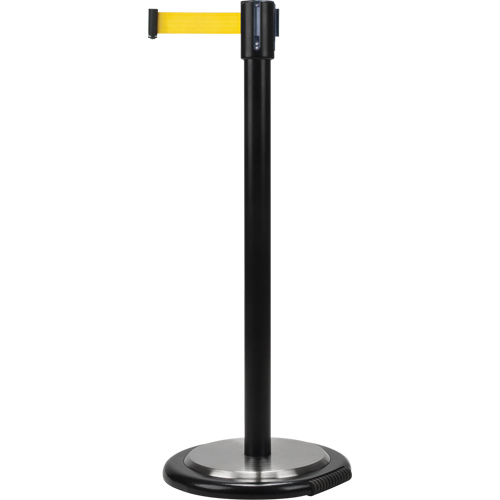 Free-Standing Crowd Control Barrier, Steel, 35" H, Yellow Tape, 12' Tape Length Auto-Cam