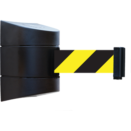 Tensabarrier&reg; Wall Mounted Units, Plastic, Magnetic Mount, 15', Black and Yellow Tape Auto-Cam