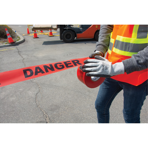 "Danger" Barricade Tape, Bilingual, 3" W x 1000' L, 1.5 mils, Black on Red Auto-Cam