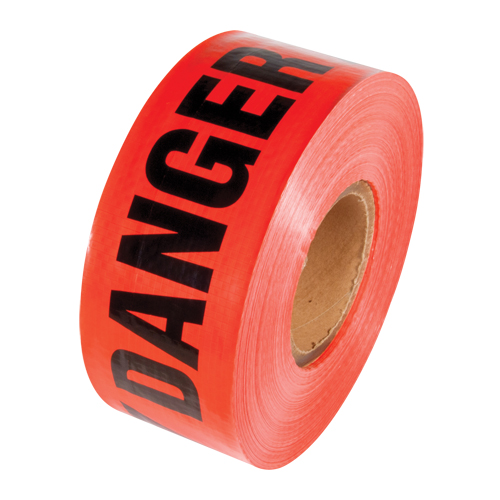 Reinforced Grade Barricade Tape, English, 3" W x 500' L, 5 mils, Black on Red Auto-Cam
