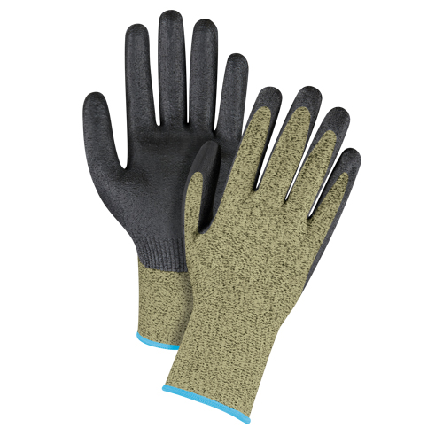 Gants &eacute;lastiques sans coutures r&eacute;sistants &agrave; la coupe noir & jaune, Taille T-Grand/10, Calibre 13, Rev&ecirc;tement Mousse de nitrile, Enveloppe en Aramide, ASTM ANSI niveau A6 Auto-Cam