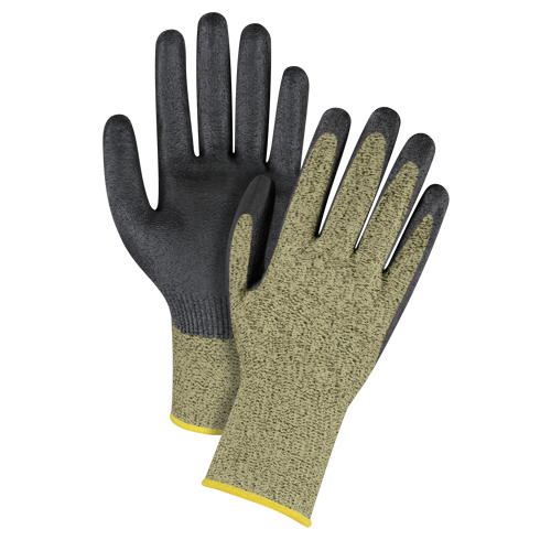 Gants &eacute;lastiques sans coutures r&eacute;sistants &agrave; la coupe noir & jaune, Taille 2T-Grand/11, Calibre 13, Rev&ecirc;tement Mousse de nitrile, Enveloppe en Aramide, ASTM ANSI niveau A6 Auto-Cam