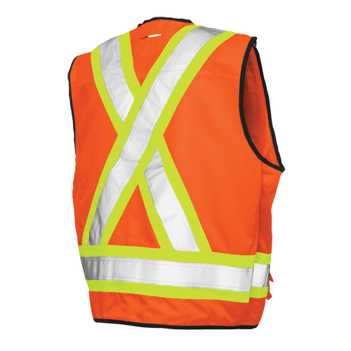 Surveyor Safety Vest, High Visibility Orange, Large, Polyester Auto-Cam