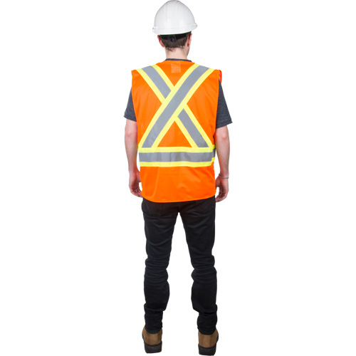 Traffic Safety Vest, High Visibility Orange, X-Large, Polyester Auto-Cam
