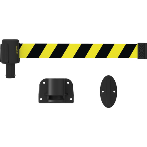 PLUS Wall Mount Barrier System, Plastic, Screw Mount, 15', Black and Yellow Tape Auto-Cam