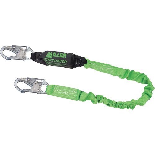 Miller&reg; StretchStop&reg; Shock-Absorbing Lanyard, 6', Locking Snap Hook Center, Locking Snap Hook Leg Ends, Polyester Auto-Cam