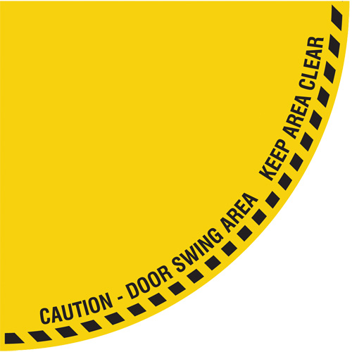 "Caution" Quarter Circle Swing Door Floor Sign, Adhesive, English with Pictogram Auto-Cam