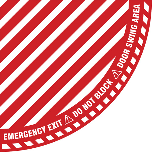 "Emergency Exit" Quarter Circle Swing Door Floor Sign, Adhesive, English with Pictogram Auto-Cam