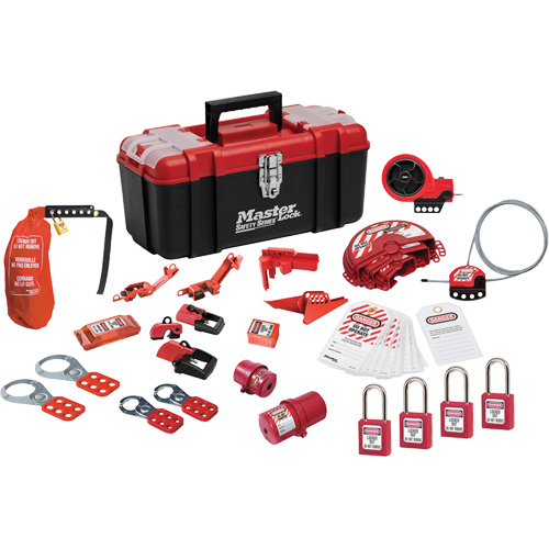 Trousse de cadenassage avec cadenas en thermoplastique de qualit&eacute; sup&eacute;rieure Zenex, Ensemble &eacute;lectrique/Vanne, 27 composants compris Auto-Cam