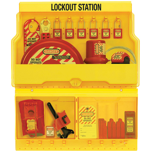 Standard Valve & Electrical Deluxe Lockout Station, Thermoplastic Padlocks, 32 Padlock Capacity, Padlocks Included Auto-Cam