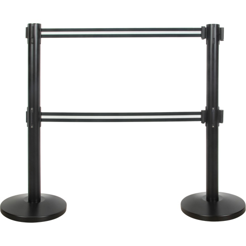 Dual Belt Crowd Control Barrier, Steel, 35" H, Black/White Tape, 7' Tape Length Auto-Cam