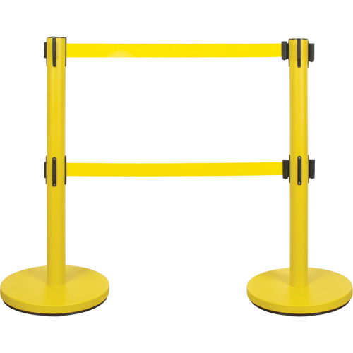Dual Belt Crowd Control Barrier, Steel, 35" H, Yellow Tape, 7' Tape Length Auto-Cam