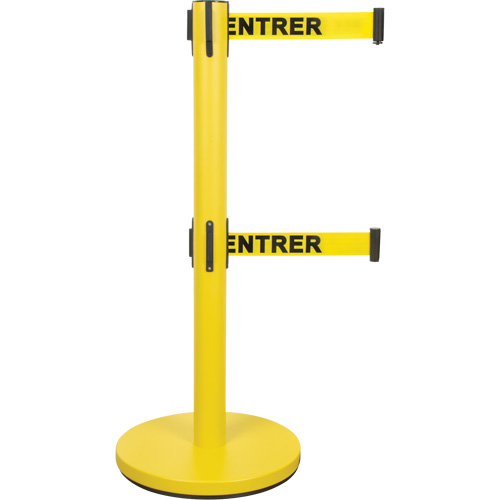 Dual Belt Crowd Control Barrier, Steel, 35" H, Yellow Tape, 7' Tape Length Auto-Cam