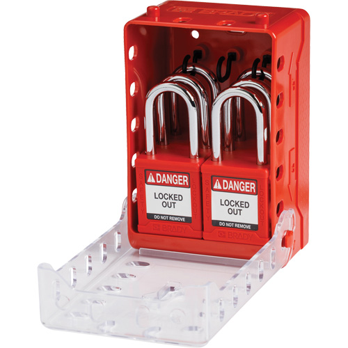 Boîte de cadenassage de groupe ultra compacte avec cadenas de s&eacute;curit&eacute; en nylon, Rouge Auto-Cam