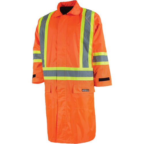 Long Rain Jacket with Detachable Hood, Nylon/PVC, Small, High Visibility Orange Auto-Cam