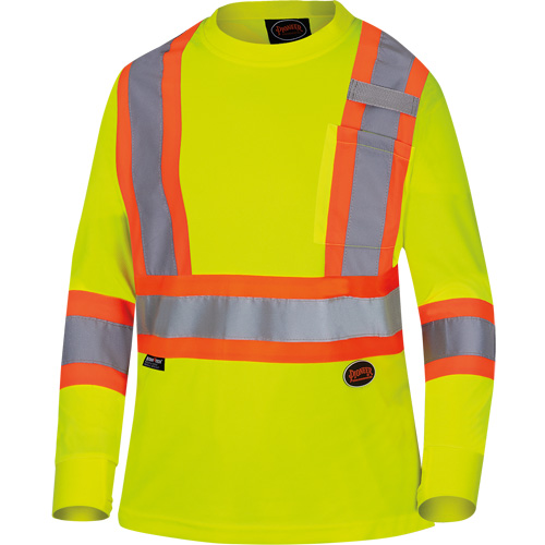 6969 Women's Bird's-Eye Long-Sleeved Safety Shirt, Polyester, X-Small, High Visibility Lime-Yellow Auto-Cam